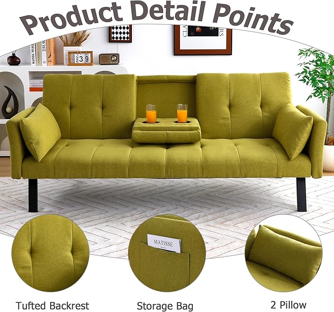 70 Convertible Sofa Bed Modern Futon CouchAdjustable Backrest Cotton Linen with Cup Holders and 2 Throw Pillows Sleeper Sofa for Living Room Apartment Small Space (Green)