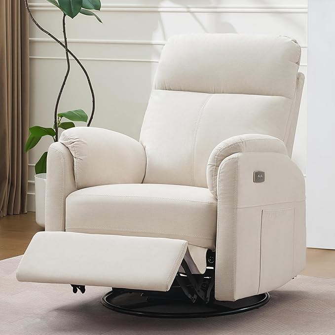 Power Glider Recliner Nursery Rocking Chair with USB Ports Glider Chair with Lumbar Pillow for Living Room Glider Swivel Recliner Chair for Nursery(Beige)
