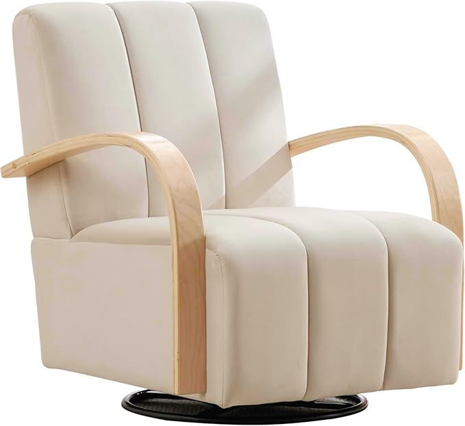 30.3 W Swivel Modern Boucle Upholstered Accent Chair with Solid Wood Armrests Comfy Lounge Reading Chair Side Armchair for Hotel Bedroom Living Room Office Nursery Room (Beige+Velvet)