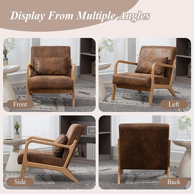 Minimalist Accent Chair Gold-Foiled Fabric Upholstered Mid-Century Modern Chair with Pillow Lounge Arm Chair with High Backrest Comfy Reading Chair for Living Room Balcony (Brown)