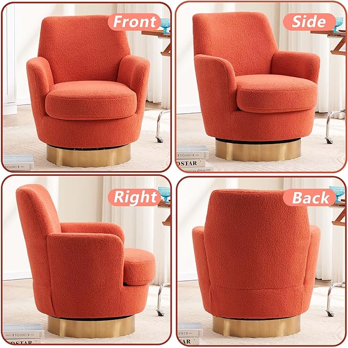Teddy Swivel Accent Chairs for Living RoomComfy Swivel Barrel Chair with Foam Cushion Round Swivel Chair &amp Boucle Swivel Chair with High Back Round Armrest Gold Base (Orange)