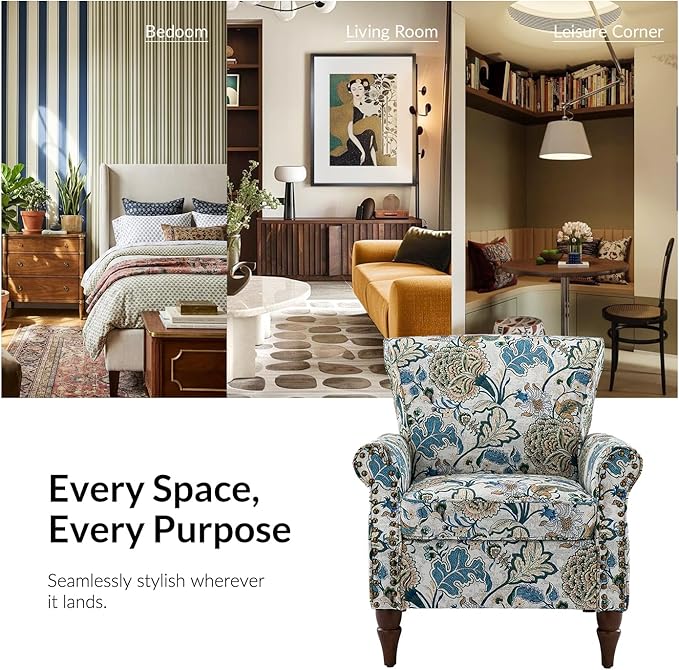 Wingback Accent Chair with Wood Legs Modern Comfy Upholstered Armchair with Removable Cushion and Nailhead Trim Floral Pattern Single Sofa Reading Chair for Living Room Bedroom