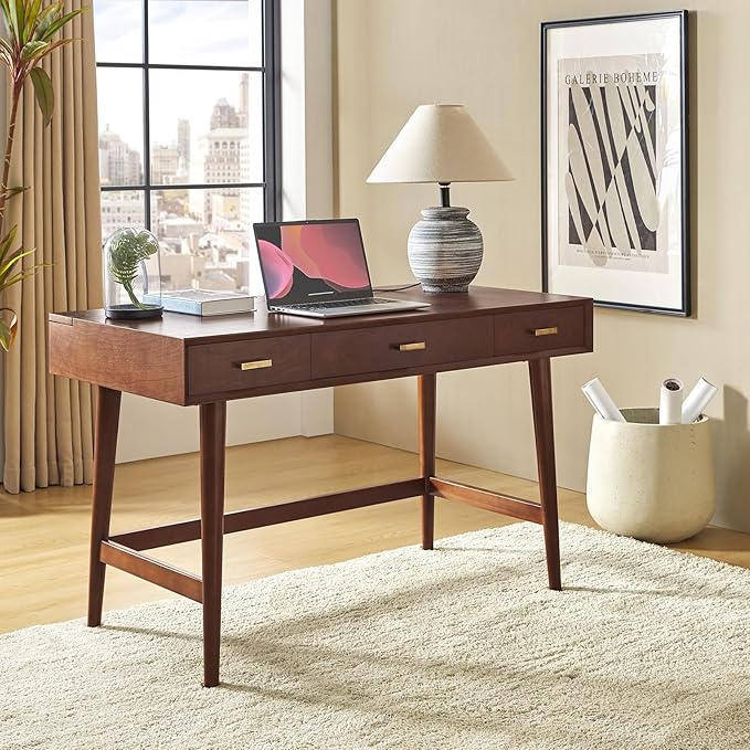 HULALA HOME 47 Writing Desk with 3 Drawers Wood Office Desk with USB Charging Staion Vintage Office Desk with Cable Management(Walnut)