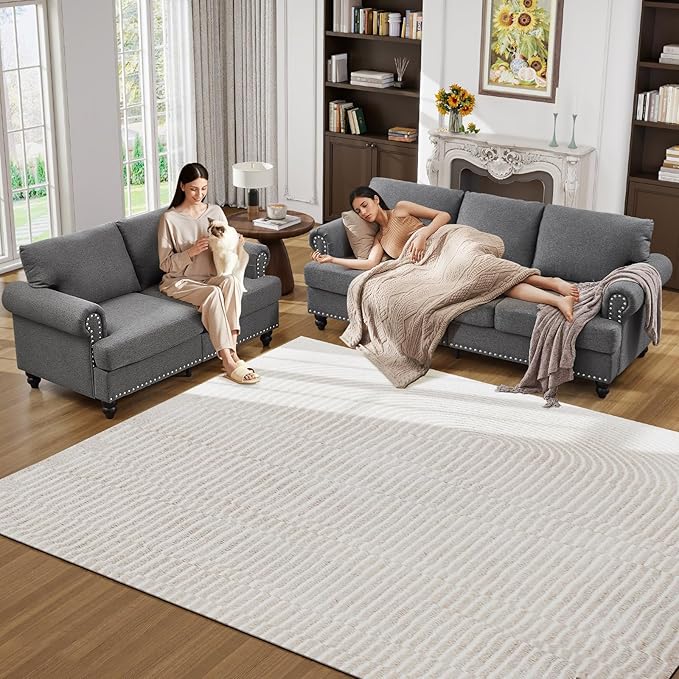 Antetek 59.5-inch Loveseat Couch with Storage Mid Century Chesterfield Linen Fabric Vintage Retro Classic Sofa Couch with Nailhead Trim &amp Rolled Armrests for Living Room Bedroom Office Grey