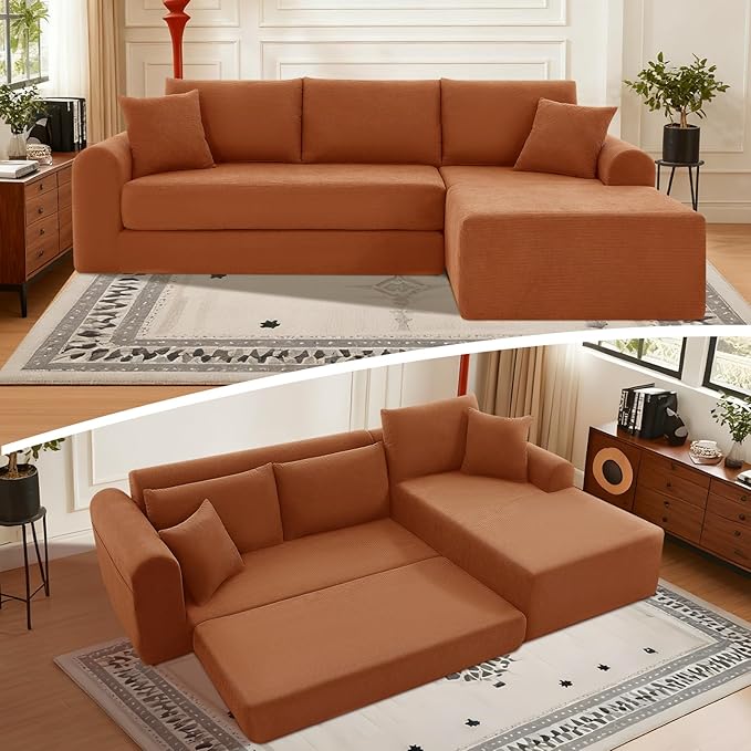 KBQ Modular Sectional Couch in a Box 103 L Shaped Boneless Cloud Couch with Deep Seat Convertible Sofa Bed for Living Room Bedroom Apartments No Assembly Required Orange Right Facing Chaise