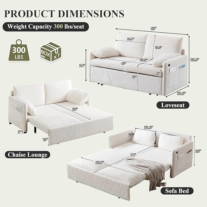 Queen Size Pull Out Couch Sleeper Sofa Bed Queen with USB Storage Pockets &amp Pillows 3-in-1 Modern Convertible Loveseat Couch Bed for Living Room Bedroom Office Apartment Corduroy(Beige)