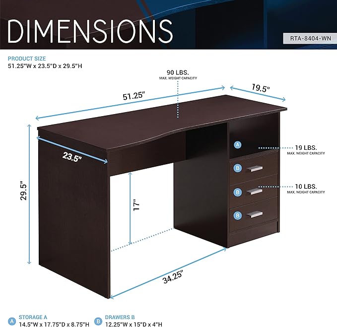 Techni Mobili Classic Computer Desk with Multiple Drawers 29.5 x 23.6 x 51.2 Wenge
