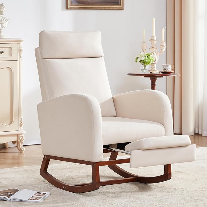 Rocking Chair with Foot Rest Ergonomic Nursery Chair with High Back Baby Glider Rocker Nursing Chair Accent Living Room (Linen Beige)