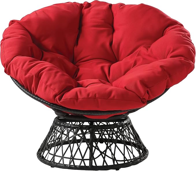 OSP Home Furnishings Wicker Papasan Chair with 360-Degree Swivel Grey Frame with Red Cushion