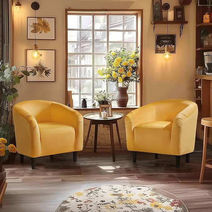 Yaheetech Barrel Chairs Velvet Accent Chairs with Soft Padded Armrest for Living Room Bedroom Waiting Room Office Set of 2 Yellow
