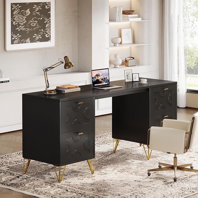 Tribesigns 59-Inch Black Executive Computer Desk with 4 File Drawers Storage Modern Writing Table Luxury Desk with Gold Legs for Home Office