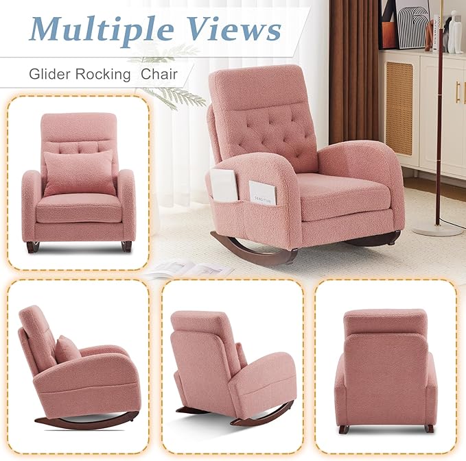 VINGLI Teddy Fleece Low Seat Rocking ChairBoucle Upholstered Nursery Glider Chair with Side PocketsAccent Arm Chair with High BackrestComfy Head RestSolid WoodFor Living Room Bedroom BalconyPink