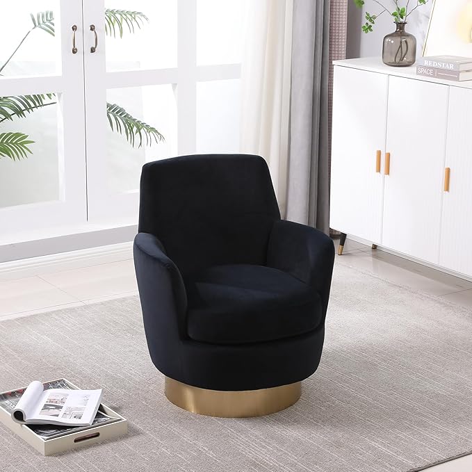 360° Swivel Barrel Accent Chair Comfy Round Accent Chairs with Gold Iron Base &amp Dual-Layer Cushion Modern Lounge Reading Armchair Upholstered Sofa Chair for Living Room Bedroom(Velvet Black)