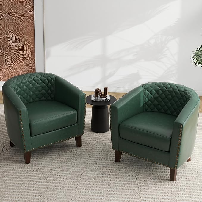 Faux Leather Accent Chairs Set of 4 Upholstered Barrel Club Chair for Living Room Comfy Round Armchair with Nailed Trim for Bedroom Office-Green