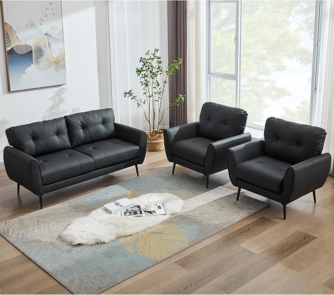 TYBOATLE Sofa Couch 61 Small Loveseat Couches for Living Room Leather Couch Mid Century Modern Tufted Mini Sofa Comfy Office 2 Seat Settee Love Seat for Small Spaces Bedroom (3 Black)