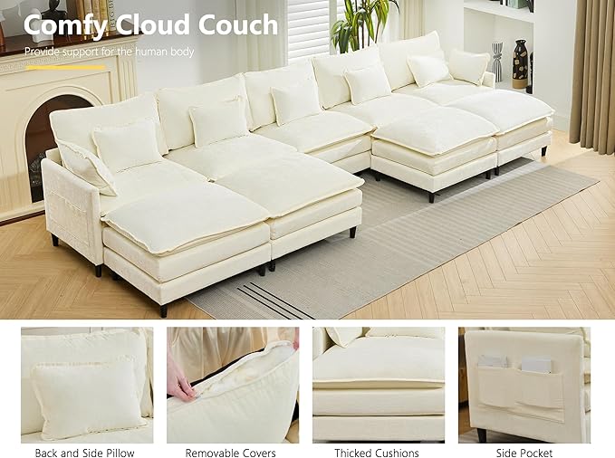 DRMBOOK 180.6'' U Shaped Modular Sectional Cloud Couch Comfy Upholstered 5 Seater Sofa Modern Deep Seat Modular Sofa Couches with Ottoman for Living Room (Chenille Cream Beige 5 Seat+4 Ottoman)
