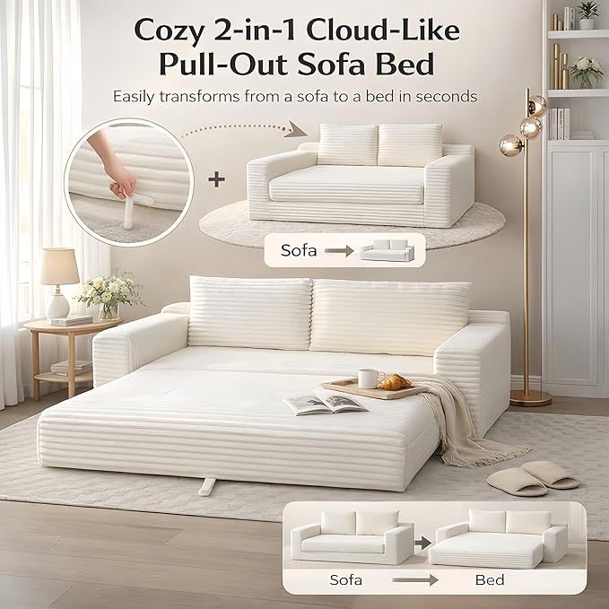 73 Convertible Sleeper Sofa Comfy Corduroy Foldable Sofa Bed with 2 Pillows Floor Sofa Lounge Couch in Box for Living Room Bedroom Lounge Studio No AssemblyBeige