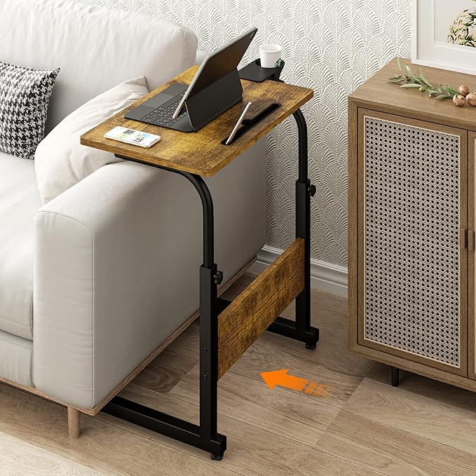 Klvied Standing Desk Adjustable Height Stand Up Desk with Cup Holder Portable and Easy to Move Bedside Table Ideal for Home or Office Walnut