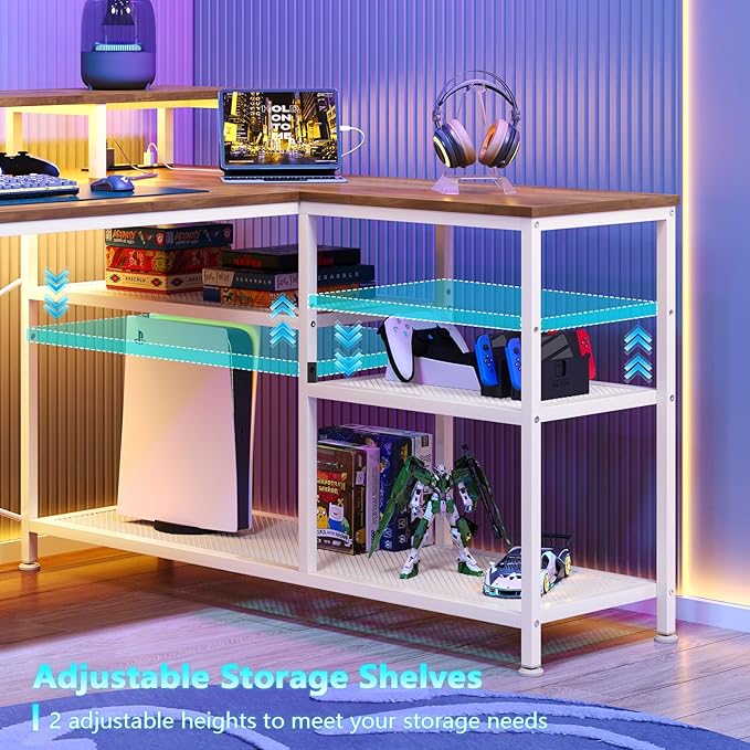 L Shaped Gaming Desk with Drawers &amp Storage Shelves Corner Gaming Desk with Power Outlets &amp LED Light Reversible Computer Desk with Monitor Stand &amp Hooks Brown and White