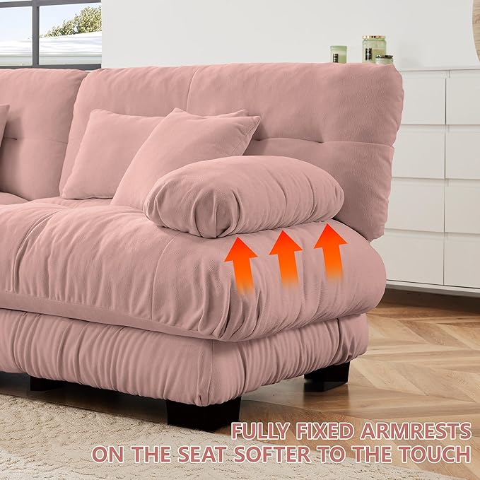 94.4 L-Shape Modular Cloud Sectional Sofa with Chenille Plush Fabric - 2 Seater Couch with Deep Seat and Movable Ottoman for Living Room Apartment and Office - Pink