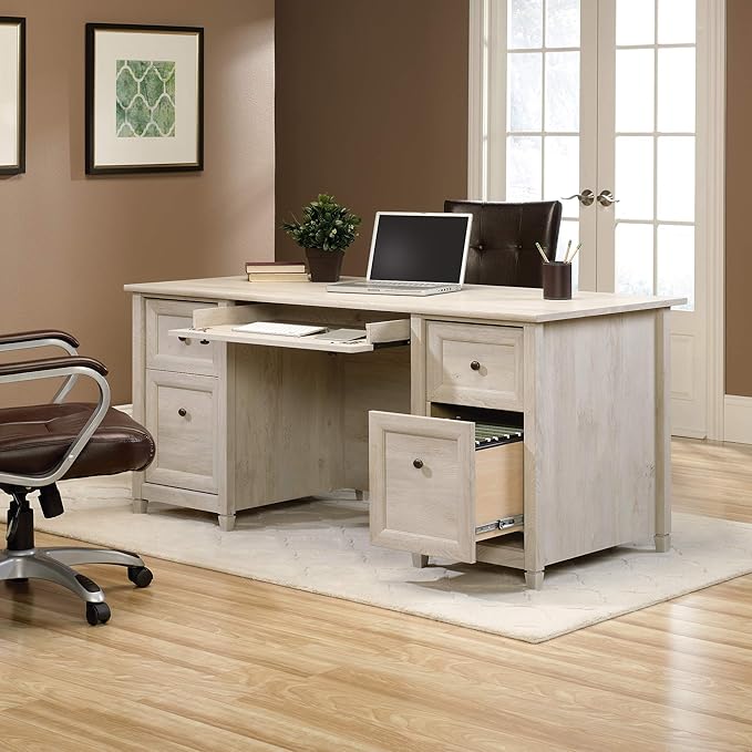 Sauder Edge Water Executive Desk Chalked Chestnut 65 Home Office Desk with Storage
