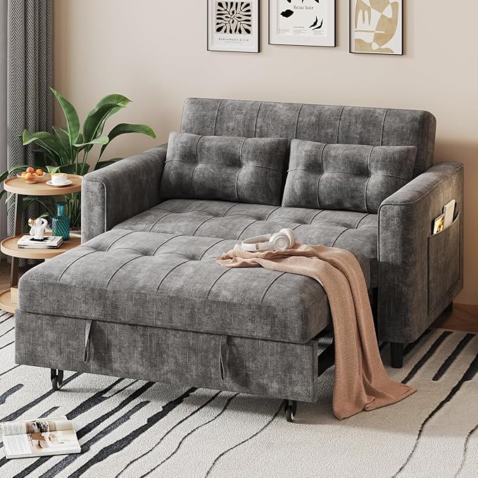 KKL 3 in 1 Convertible Sleeper Sofa Bed Small Pull Out Couch Bed with Adjustable Backrest Chenille Loveseat Couches with Side PocketFuton Sofa Beds Couch for Living Room Bedroom(Dark Grey)