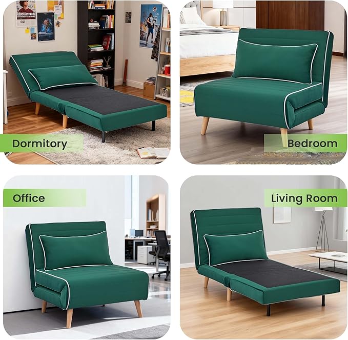 3-in-1 Convertible Sleeper Chair Futon Sofa Bed with Pillow &amp Adjustable Backrest Recliner Sleeper Sofa for Small Spaces Living Room Bedroom or Office Green