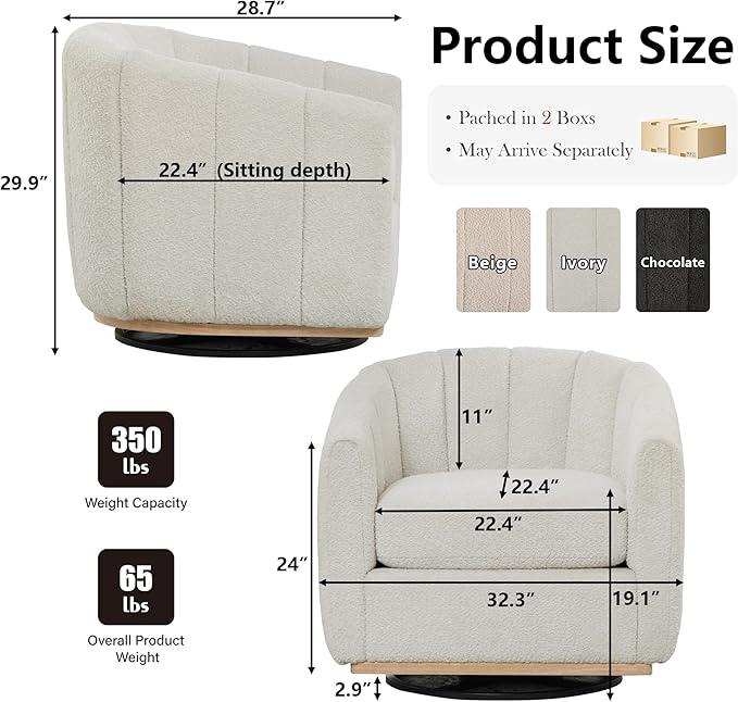 Ivory White Swivel Accent Chairs Set of 2Chenille Accent Chairs for Living RoomUpholstered Swivel Chair with Wide Curved Backrest