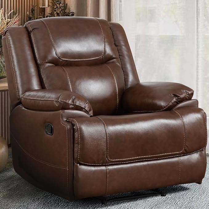 EBELLO Genuine Leather Manual Recliner Chair Reclining Sofa Chair Couch for Living Room Bedroom Furniture Meeting Room Brown
