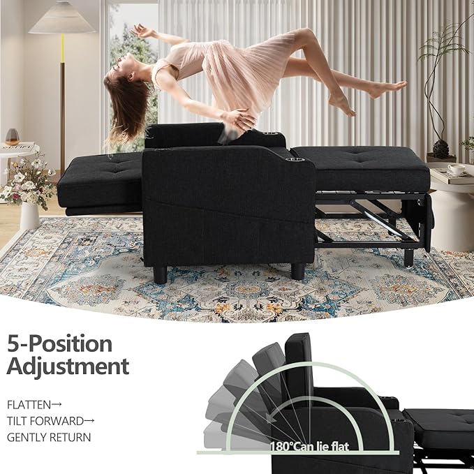 4-in-1 Convertible Sleeper Chair Bed Couch Bed with 5-Level Adjustable Backrest Futon Sofa Bed with USB Port&amp Cup Holder Multi-Functional Chaise Lounge Chair Sleeper Sofas for Living Room