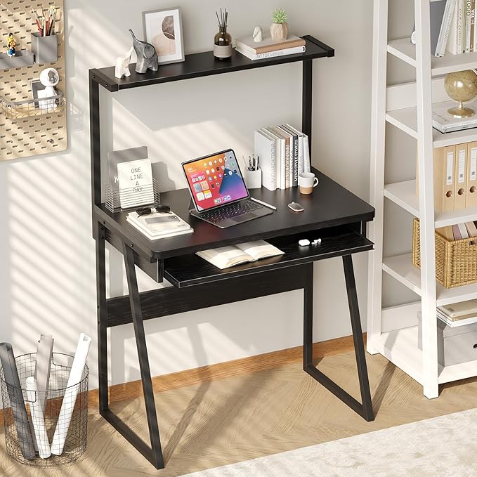ALISENED 2-Tier Small Computer Desk with Keyboard Tray Compact Laptop Table Workstation Freestanding Ladder Desk Writing Gaming Desk with Storage Hutch for Small Spaces Study Home Office Black