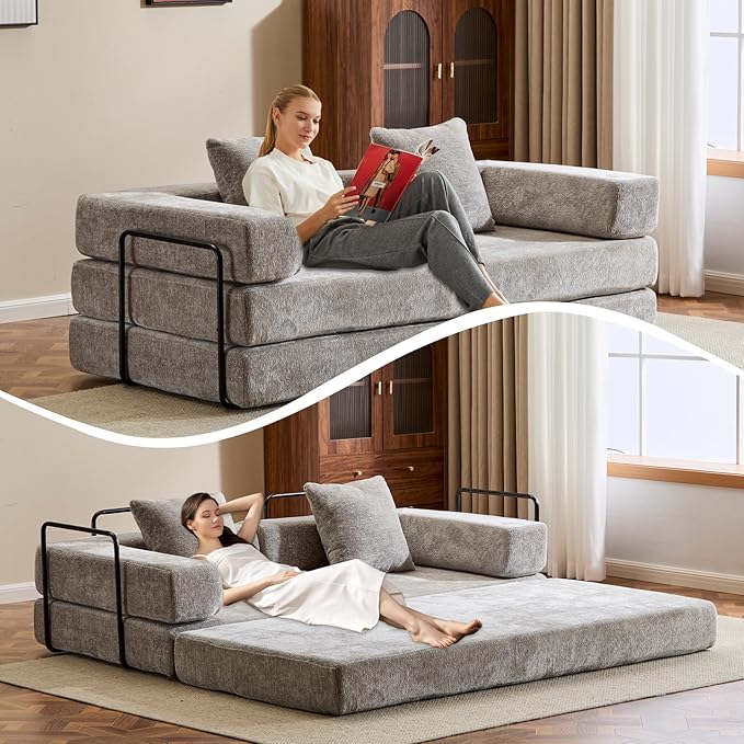 Folding Convertible Sofa Bed 4-in-1 Boneless Couch Sleeper Sofa 76.8'' Chenille Foldable Mattress Couch with Fixed-Shape Frame Floor Sofas Modular Futon Couches for Living Room Light Grey