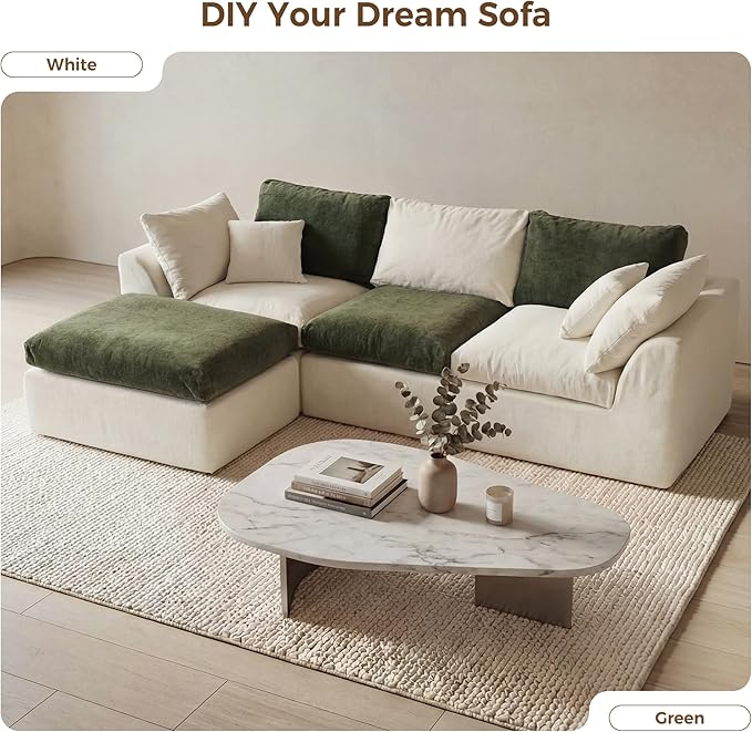 108 Cloud Sectional Couches with 1 Extra Washable Cover L Shaped 25.6 Deep Seat Couch with Ottoman Oversized Comfy Living Room Sofa DIY Color Refresh（ White Sofa + Green Cover Set）