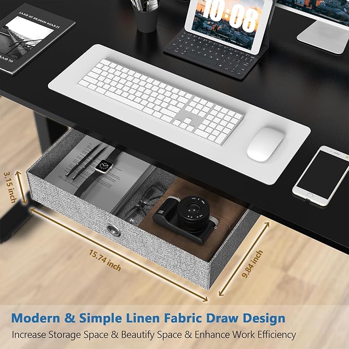 Electric Standing Desk with Drawer - 48 x 24 inch Adjustable Height Sit to Stand Up Desk with Splice Board Rising Home Office Computer Table with 2 Hook and Wire Hole for Work Study or Gaming