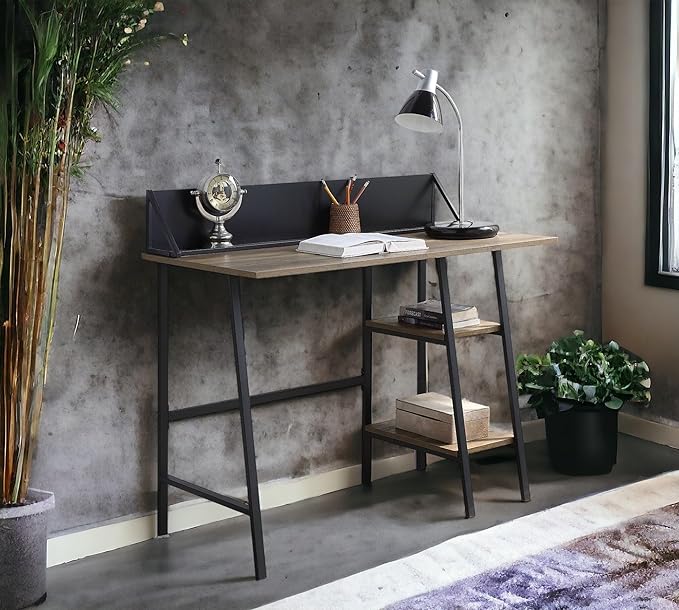 Penau Rustic Oak Writing Desk with Black Finished Legs 2-Tier Shelf Smartphone Holder Modern Design for Home Office