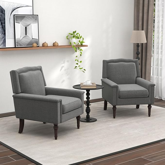 Giantex Mid-Century Modern Accent Chair Grey Linen Fabric Upholstered Armchair w/Rubber Wood Legs Nailhead Trim Max Load 440 Lbs Comfy Single Sofa Side Chair for Living Room Bedroom