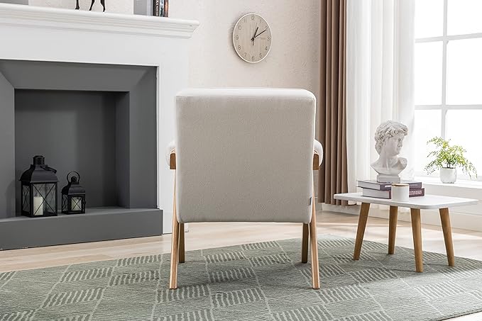 Generic Leisure Chair with Solid Wood Armrest and Feet Mid Century Modern Accent Chair for Living Room Bedroom Studio Chair Beige