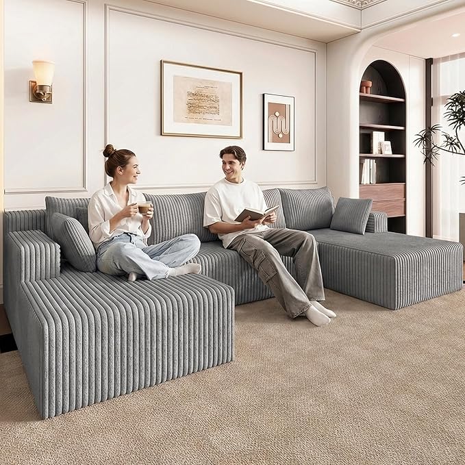 124 U Shaped Cloud Couch Sectional Corduroy Upholstered 4-Seater Cloud Couches for Living Room Deep Seat Modular Boneless Sofa with Lounge Chaise No Assembly Required Light Grey