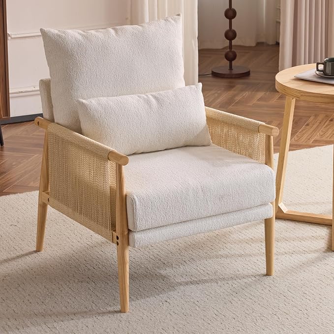 Karl home Cozy Chenille Accent Chair with Lumbar Pillow &amp Rattan Arms Modern Lounge Chair for Living Room Bedroom Reading Nook Beige
