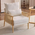 Karl home Cozy Chenille Accent Chair with Lumbar Pillow &amp Rattan Arms Modern Lounge Chair for Living Room Bedroom Reading Nook Beige