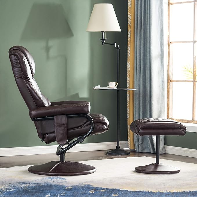 MCombo Recliner with Ottoman Reclining Chair with Massage 360 Swivel Living Room Chair Faux Leather 4901 (Dark Brown)