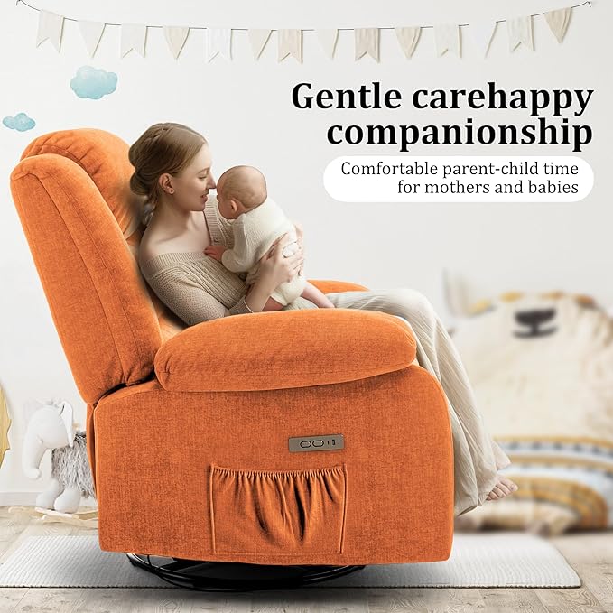 Power Recliner Chair Electric Rocker Recliner with Massage and Heat 270° Swivel Glider Oversized Wide Seat with USB Port Cashmere Nursery Chair for Living Room Orange