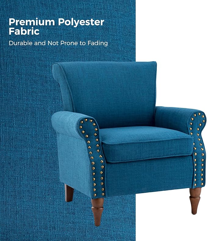 HULALA HOME Accent Chair with Wood Legs &amp Removable Cushion Modern Wingback Armchair with Nailhead Trim Comfy Upholstered Lounge Chair Single Sofa Chairs for Living Room Bedroom Set of 2 Navy