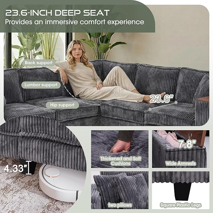 97” Modular Sectional Sofa Corduroy Couch Sectional with 2 Pillows Oversized Sectional Sofa L Shaped Couch Armrests with Two Hidden Storage Space Sectional Couches for Living Room Grey