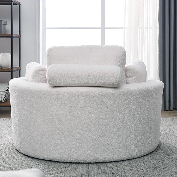 Oversized Swivel Accent Round Chair Modern Upholstered Sofa with Pillows Cozy Leisure Chair for Living Room Bedroom Home Office Club (Teddy Ivory)