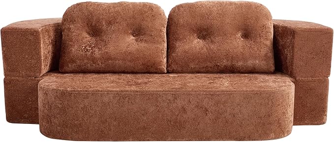 Hommoo Compression Sofa Convertible Sofa Bed Folding Sleeper Futon with Back Armrest 2 in 1 Floor Lounge Couch Chenille Fabric Foldable Mattress Couch for Living Room/Guest Room/Apartment Orange