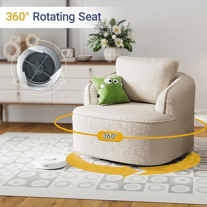 36 Swivel Barrel Chair 360° Rotating Accent Chair with Plush Chenille Upholstery Ergonomic Back &amp Boneless Comfort for Living Room Bedroom Office No-Assembly Beige