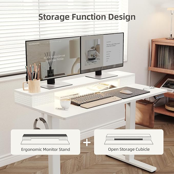 Claiks Electric Standing Desk with Shelf 55 Inch Height Adjustable Standing Desk with LED Lights &amp Monitor Stand White Frame/White Top