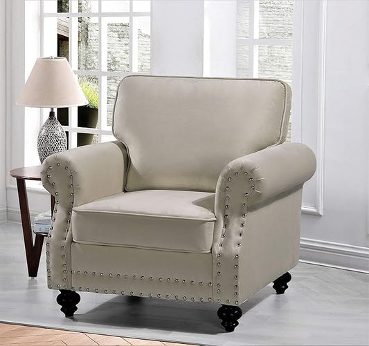 Lotus Mid Century Modern Velvet Upholstered Living Room Rolled Arms Chair 38 Beige