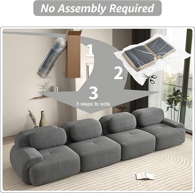 152 Modern Boneless Couches for Living Room Corduroy Cloud Couch Sectional Grey Modular Sectional Sofa 4 Seater Sofas for Living Room Sofas para Sala Deep Seat Couch (Gray 4 Seater)